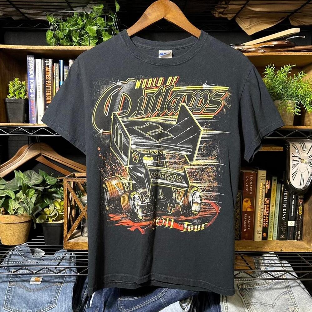 AOP NASCAR Style Racing Tee Shirt Black and Gold Car Tour Mens Small